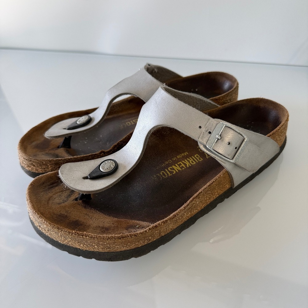 Birkenstock Gizeh Sandals Womens 6 EU 37 Silver Metallic‎ Birko-Flor Thong Cork